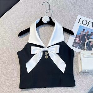 Sweet Big Girls Bows Tie Tan Take Top Fashion Teenagers Patchwork Color Label Tops 2024 Summer Old Kids Backless Z5610