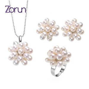 Bracciale Orecchini Collana Zorun Vera perla d'acqua dolce naturale Set di gioielli da sposa 5-6MM con set di anelli di design color argento per donna 231124
