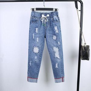 Jeans pantaloni elastici elastici pantaloni larghi da donna strappato jeans buco lavate leva a gamba larga 2022 polsini di moda estivi streetwear