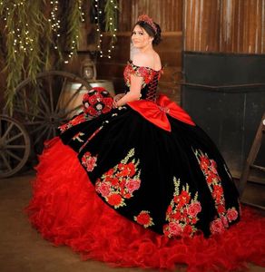 Vestidos de luxo vermelho com preto quinceanera vintage babados em camadas mexicano charro xv vestidos 15 anos 2023 grande laço festa de noivado doce 16 aniversário desgaste vintage