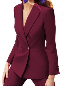 Women's Suits Blazers Lansboter Burgundy Womens Suits Fashion 2 Pieces Set Business Shopping Party Lapel Lady Suit Blazer With Pants 230426