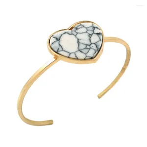 Bangle Light Yellow Gold Color Alloy Love Heart White Howlite Stone Cuff Romantic Style Jewelry