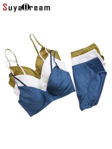 BH-Sets SuyaDream Damen-BH-Set aus Seide, 92 % Seide, 8 % Spandex, dünn geformt, Cup, drahtfrei, Unterwäsche, bequem, Dessous, Blau, Schwarz, 230426