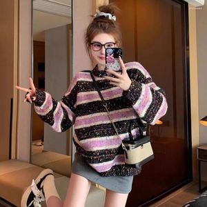 Women's Sweaters Shpmishal Purple Stripe Sweater Autumn And Winter 2023 Lazy Style Thickened Bottom Pullover Knit Female Clothing