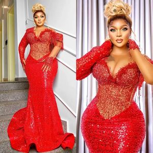 Plus size ASO EBI Red Sukienki balowe syrena koronkowe cekinowe sukienki wieczorowe Afrykańskie arabskie Nigeria Drugi przyjęcie przyjęcia Gown Gala Pageant Sturn ST341