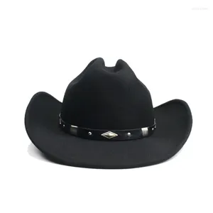 Berets Retro Rhombic Leather Band Imitation Cashmere Women Men Large Wide Brim Cowboy Western Hat Cowgirl Cap (56-59cm)