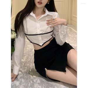 Women's T Shirts 2023 Spring For Women Crop Tops Korean Style Retro Polo Shirt Skirt 2 Pieces Sets Long-sleeved Elastic Tee