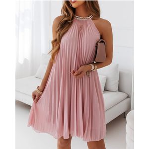 Etniska kläder ärmlös halter chiffon veckad klänning kvinnor sexig mode avslappnad miniklänning fast färg lös 230425