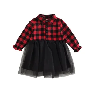 Vestidos infantis para meninas, vestido casual de natal para meninas de 0 a 4 anos, gola com lapela, manga comprida, meia botão, malha de tule, camisa xadrez com retalhos