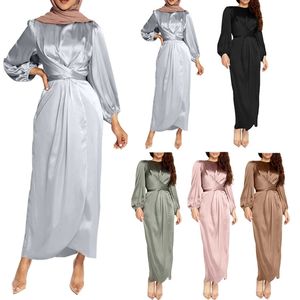 Etniska kläder kvinnor arabiska muslimska satin puff långärmad maxi klänning fast färg wrap front självband abaya dubai kalkon hijab mantel kaftan 230425