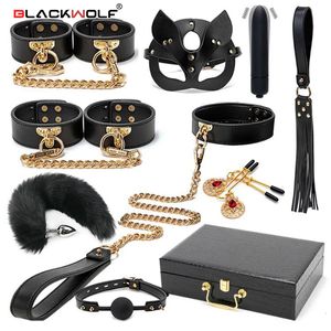 Vuxna leksaker Blackwolf BDSM Bondage Kits äkta läderbegränsning Set Handbojor Collar Gag Vibrators Sex Toys For Women Par Adult Games 230426