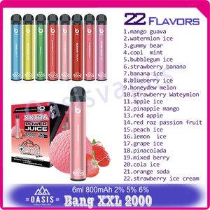 100% Original Bang XXL 2000 Puff Cigarro Eletrônico Descartável 800 mAh Bateria 22 Sabores 2% 5% 6% 6ml Pod Puffs 2k Caneta Vape Descartável