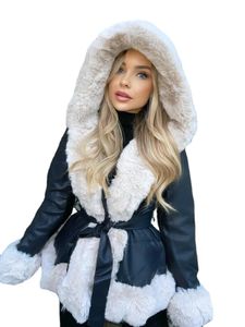 女性の毛皮のフェイクファーRR1492 PUレザーショートジャケット女性ファッションネクタイベルトコート