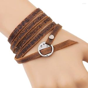Strand Charmsmic Multilayer PU Leather Charm Bracelets For Mens Women Brown Color Twisted Long Rope Words Pattern Vintage Jewelry Style