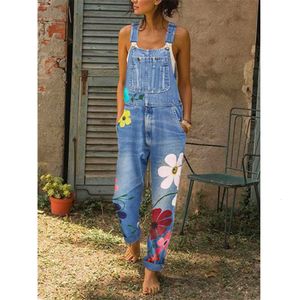 Women's Jumpsuits Rompers STYLISH LADY Floral Printed Denim Rompers and Jumpsuits Summer Women Pocket Plus Size Club Party Streetwear Jeans Overalls 230426