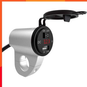 New Alloy Motorradlenkerhalterung Graphit A USB-Ladegerät Voltmeter Ein-/Ausschalter SAE geeignet für 22 mm bis 26 mm Lenker