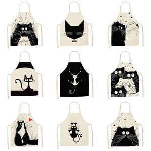 Black and white cat cartoon linen apron for home cooking Sleeveless halter stain-proof cooking waist bib for kids