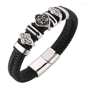 Charm Bracelets Vintage Men Jewelry Black Braided Leather Bracelet Handmade Stainless Steel Magnetic Clasp Wristband Punk SP0106