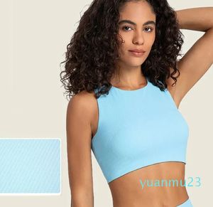 Striped Ribbed Yoga Bra High Neck Tank Top Removable Cups Sports Bras Fashion Crewneck Women Tops