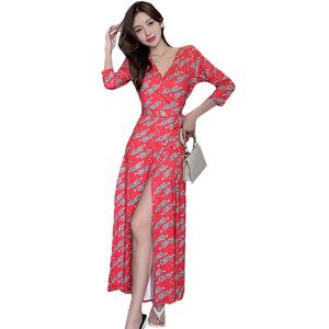 ドレスタイガープリントVneck ThreeQuarter Sleeve Korea Women Bohemian Beach MaxiラップドレスAnklelength Elegant Ladies Holiday Party