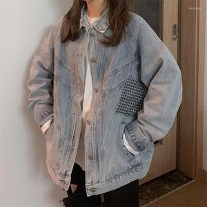 Women's Jackets Fashion Spring Plaid Patchwork Loose Long Denim Jacket 2023 Street Casual Oversize Light Blue Coat Harajuku Girls BF Jeans