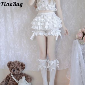 Shorts Lolita Korte Zwart Wit Womens Leuke Lace Trim Gelaagde Ruches Bloeiers Meisjes Mid Taille Strik Decor Strot Dipje