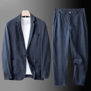 Herrtröjor tröjor Spring Autumn Fashion Men Linne Twopiece Set Blazer Jacket Pants Solid Slim Fit Casual Business Thin Clothing Breattable Suit 231124