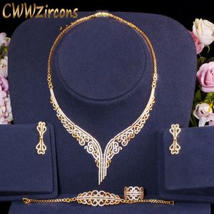 Perlenketten CWWZircons 4 Stück Vintage Elegante Zirkonia Hochzeit Brautschmuck Set Afrikanische Äthiopische Goldfarbe Kostümzubehör T417 231124