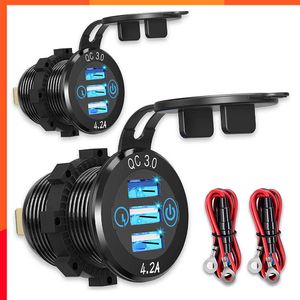 Car New 2PCS DIY aluminum charger QC 3.0/4.2A triple USB socket Touch switch waterproof marine truck golf cart motorcycle