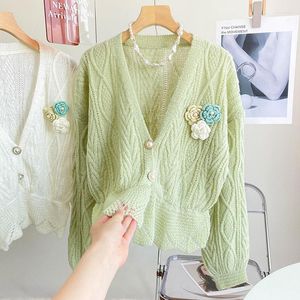 Kvinnors stickor 2023 Autumn Winter Korean Cardigans Vintage Elegant V Neck Long Sleeve Flower Sweaters Japanese Sweet Button Cardigan