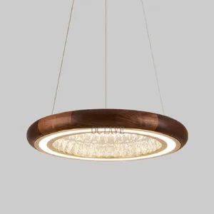 Chandeliers LED Pendant Lamp Remote Dimming Crystal Luxury Round Hanging Living Room Villa Restaurant Wood Hang Light