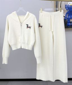 Autumn and Winter New Casual Set Women's TB Dog Embroidery Imitation Mink Fleece Hooded Knitted Cardigan Elastic Waist Wide Leg Pants