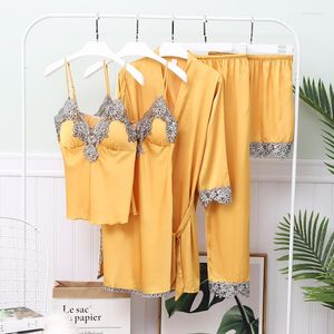 Kadın pijama 5pcs takım elbise bayanlar seksi ipek saten pijama seti kadın dantel pijama sonbahar ev gece kıyafetleri kadınlar için