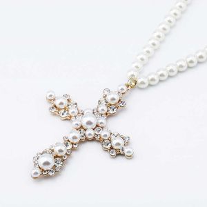 Popular Girl New 24 / 30 Inch White Pearl Beaded Necklace With Pearl Cross Hip Hop Pendant For Guys Real Gold Plated Shiny CZ Stone Hip Hop Diamond Rapper Jewelry Gifts