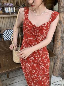 Abiti casual Bohemian Long Maxi Holiday Date Girls Women 2023 Summer Sleeveless Red Floral Print Retro Vintage Bow Tie Dress