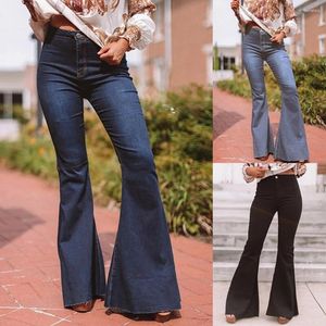 Женские джинсы, женские расклешенные весенне-осенние модные повседневные широкие брюки с расклешенным низом, эластичные узкие облегающие длинные джинсовые брюки с эффектом пуш-ап, синий, черный