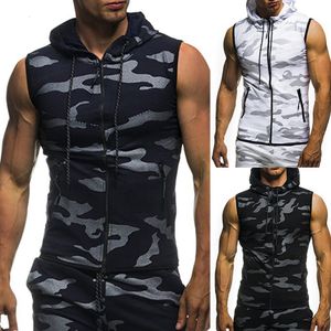 Erkek Tank Tops 3xl Yaz Men Spor Salonu Fitness Kamuflaj örtü kapşonları fermuarlı kolsuz kapüşonlu tank üst S 230425