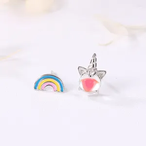 Stud Earrings Silver Color Unicorns Rainbow Glue Moonstone Asymmetric