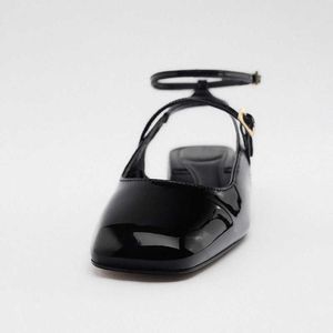 New Sandals Womans Patent Leather Flats Shoes Sexy Squared Toe Flat Office Lady Block Heel Women Ankle Strap Slingbacks 230406