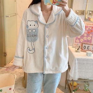 Women's Sleepwear Flannel Women Pajamas Sets Autumn Winter Warm Thick Coral Velvet Long Sleeve Cartoon Cute Home Pijamas Set Girl