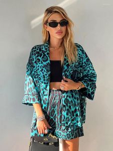 Women's Sleepwear Marthaqiqi Leopard Print Women Pajama Suit Three Quarter Sleeve Turn-Down Collar Nightwear Shorts Femme Nightgowns Set