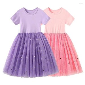Girl Dresses Star Shiny Princess Dress For Baby Girls Cotton T-shirt Mesh spets födelsedag parti vestido casual paljetter Fairy Kid Costumes
