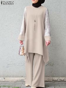 Set Zanzea Muslim Matching Sets paljetter Patchwork Oneck Full Sleeve Blus Wide Leg Pant Fashion Elegant Dubai Turkiet Abaya Suit