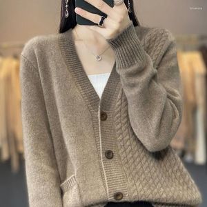 Malhas femininas outono e inverno lã pura malha cardigan senhoras lapela camisola cor combinando casaco de manga comprida cashmere casual topo