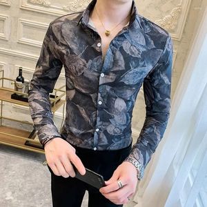Camisas casuais masculinas moda lapela split botão coreano camisa impressa 2023 primavera e outono top de grandes dimensões
