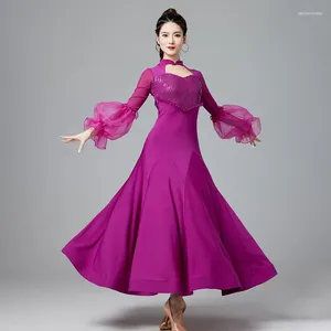 Stage Wear Ballroom Dancing Dress 3 Colors Sequins Waltz Dance Performance Mesh Puff Sleeve Tango Standard Dresses VDB7726