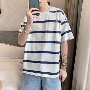 Men's T Shirts 2023 Summer Fashion Striped Round Neck Short-sleeved T-shirt Men Korean Style Loose Clothes Boutique Clothing Simple