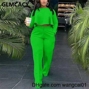 WANGCAI01 WANGCAI01 VÄMMENS Tvådelade byxor Kvinnor Tvådelar Casual Suits Long Seve Dip H Crop Top Shirt Loose Pants Set