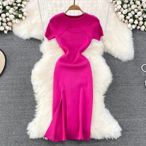 Fashionable Women's Style Round Neck Chest Hollow Split Knit Wrap Hip Dress 26