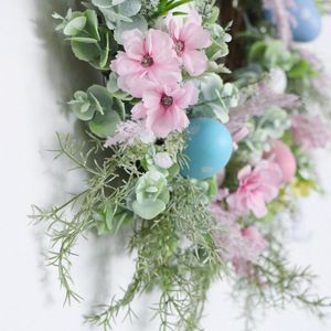 Decorative Flowers Round Easter Egg Flower Wreath Front Door Wall Hanging Spring Artificial Garland For Celebration Holiday Decor